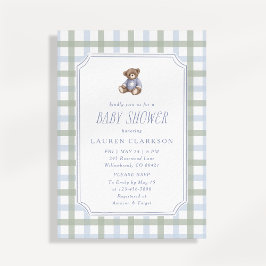 Preppy Teddy Bear Blue and Sage Plaid Baby Shower  Kaart