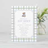 Preppy Teddy Bear Blue and Sage Plaid Baby Shower  Kaart (Staand voorkant)