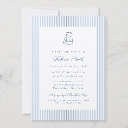 Preppy Teddy Bear Blue Boy Elegant Baby Shower Kaart (Voorkant)