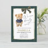 Preppy Teddy Bear Blue Green Baby Shower  Kaart (Staand voorkant)