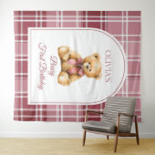 Preppy Teddy Bear Pink Bow Birthday Photo Backdrop Wandkleed (In Situ (horizontaal))