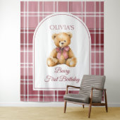 Preppy Teddy Bear Pink Bow Birthday Photo Backdrop Wandkleed (In situ)