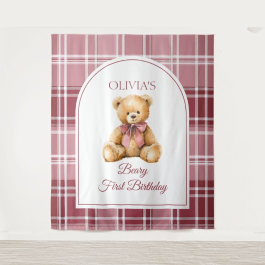 Preppy Teddy Bear Pink Bow Birthday Photo Backdrop Wandkleed (Voorkant)