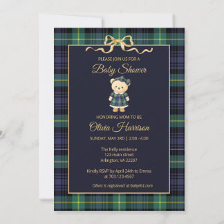 Preppy Teddy Bear Plaid Baby Shower Invitation Kaart