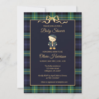Preppy Teddy Bear Plaid Baby Shower Invitation Kaart