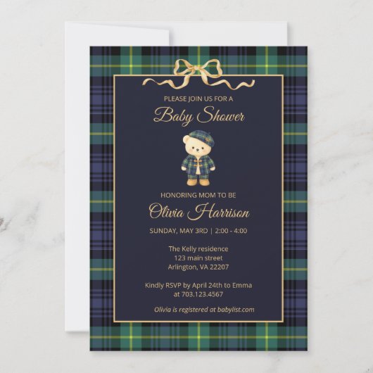 Preppy Teddy Bear Plaid Baby Shower Invitation Kaart (Voorkant)