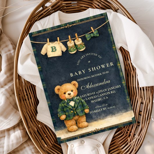 Preppy Teddy Bear Plaid Baby Shower Kaart