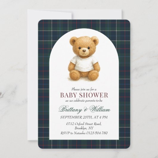 Preppy Teddy Bear Plaid Baby shower Kaart (Voorkant)