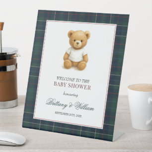 Preppy Teddy Bear Plaid Baby shower Welkom Reclamebord Met Voetstuk