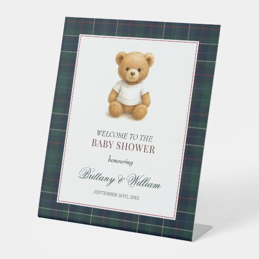 Preppy Teddy Bear Plaid Baby shower Welkom Reclamebord Met Voetstuk (Voorkant)