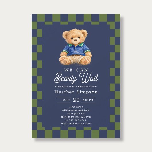 Preppy Teddy Bearly Wait Checkboard Baby Shower Kaart