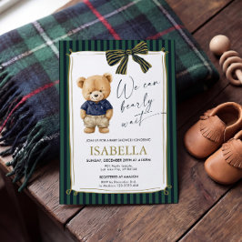 Preppy teddybeer blauw groene baby shower  kaart