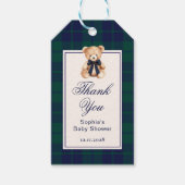 Preppy teddybeer geruite babyshower bedankt cadeaulabel (Voorkant)