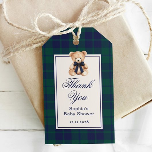 Preppy teddybeer geruite babyshower bedankt cadeaulabel