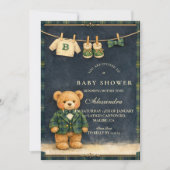 Preppy teddybeer geruite babyshower kaart (Voorkant)