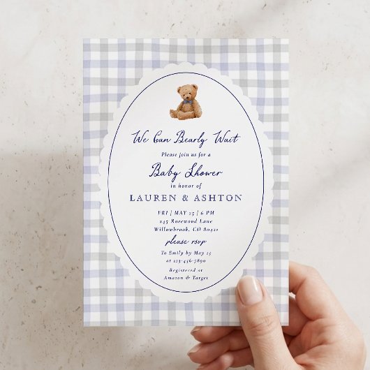 Preppy teddybeer geruite babyshower uitnodiging