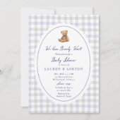 Preppy teddybeer geruite babyshower uitnodiging (Voorkant)