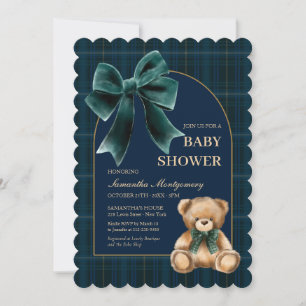 Preppy teddybeer groene ruit baby shower uitnodigi kaart