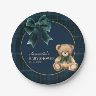 Preppy teddybeer groene ruit babyborrel papieren bordje