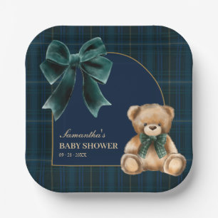 Preppy teddybeer groene ruit babyborrel   papieren bordje