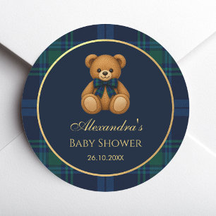 Preppy Teddybeer Navyblauw Schotse Ruit Jongens Ba Ronde Sticker