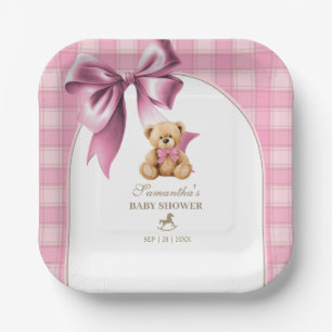 Preppy Teddybeer Roze Geruite Meisje Baby Shower Papieren Bordje