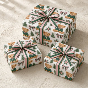 Preppy Teddybeer Roze Groen Geruit Boog Kerstmis Cadeaupapier