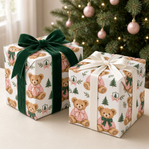 Preppy Teddybeer Roze Groen Kerstmis Cadeaupapier