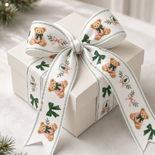 Preppy Teddybeer Roze Groen Kerstmis Satijnen Lint