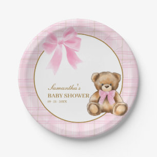 Preppy teddybeer roze plaid baby shower   papieren bordje