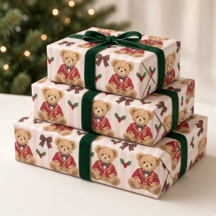 Preppy Teddybeer Roze Streep Tartan Kerstmis Cadeaupapier