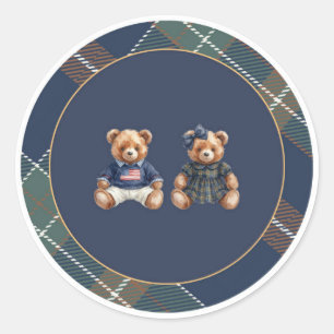 Preppy Teddybeer Sticker Marineblauw Geruit 