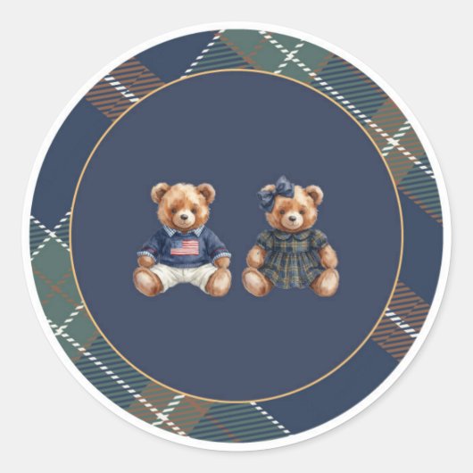Preppy Teddybeer Sticker Marineblauw Geruit (Voorkant)