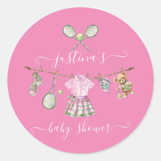 Preppy Tennis Baby shower Clothesline Ronde Sticker (Voorkant)