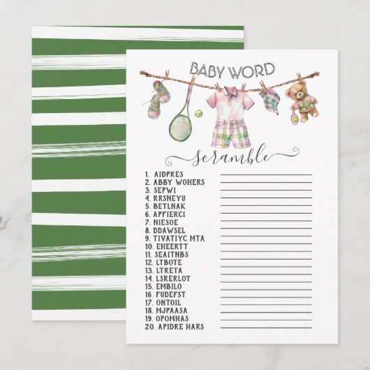 Preppy Tennis Clothesline Baby Word Scramble Kaart (Voorkant / Achterkant)