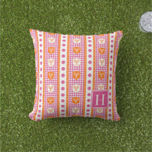 Preppy Tennis Crest Gingham - Heet Roze & Oranje Buitenkussen