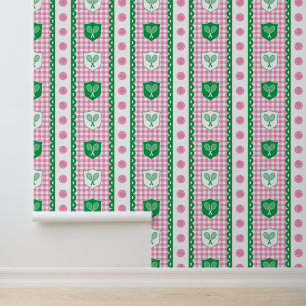 Preppy Tennis Crest Gingham in Roze & Groen Behang