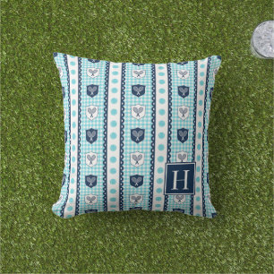 Preppy Tennis Crest Gingham - Turquoise & Marinebl Buitenkussen