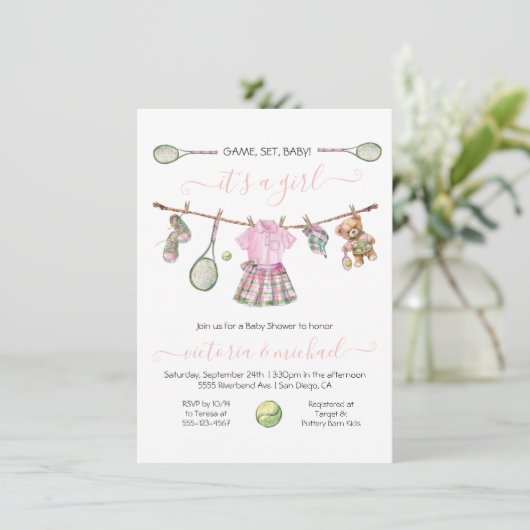 Preppy Tennis Meisje Baby shower Kaart (Staand voorkant)
