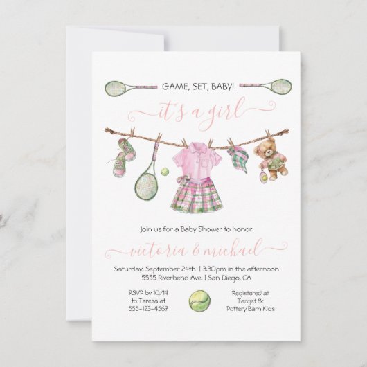 Preppy Tennis Meisje Baby shower Kaart (Voorkant)