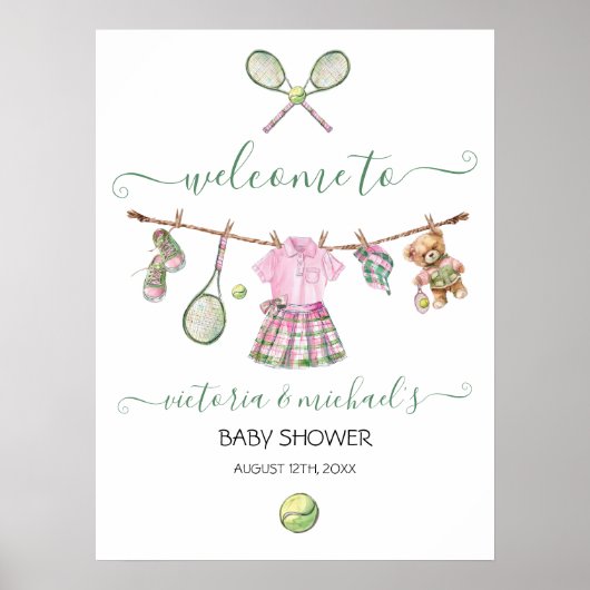 Preppy Tennis Meisje Baby shower Welkomstbord Poster (Voorkant)