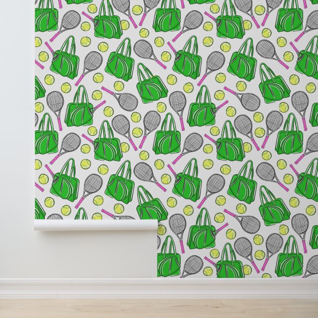 Preppy Tennis Roze Tennis Racquets Groene Tas Ball Behang (Applicatie)