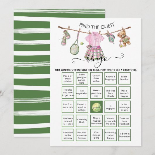 Preppy Tennis Vind de Gast BINGO Kaart (Voorkant / Achterkant)