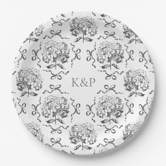 Preppy Toile Hydrangea Bow met naam Papieren Bordje (Voorkant)