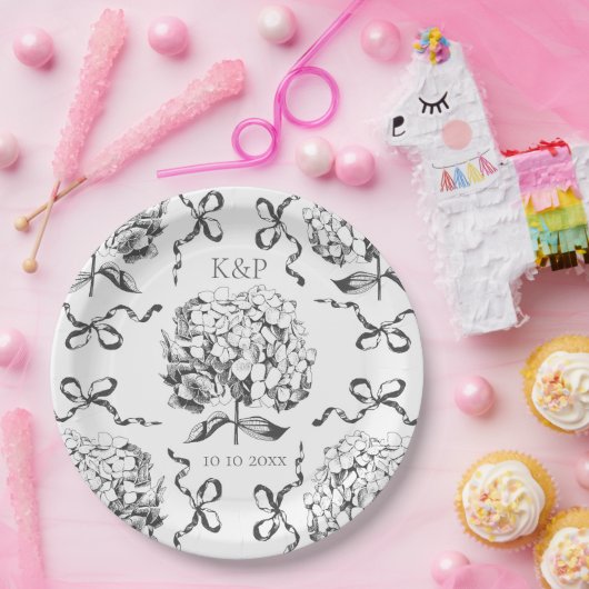 Preppy Toile Hydrangea Bow met naam Papieren Bordje (Feest)
