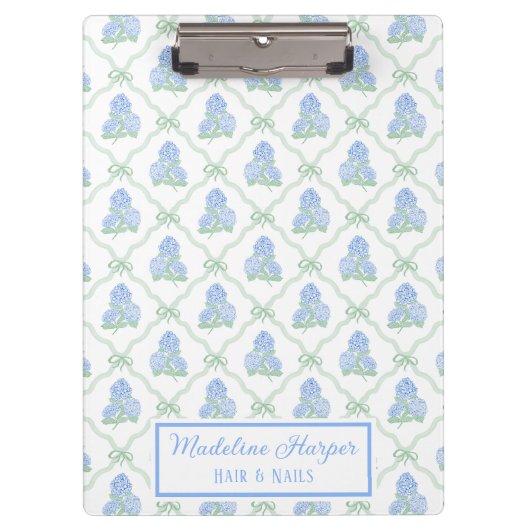 Preppy Trellis Bow Blue & Green Hydrangeas Monogra Klembord (Voorkant)