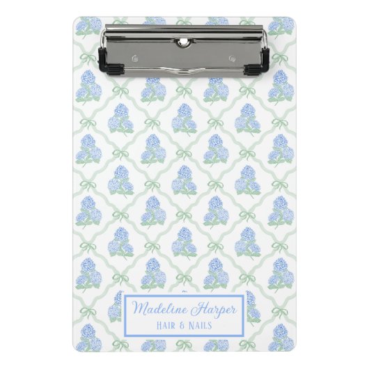 Preppy Trellis Bow Blue & Green Hydrangeas Monogra Mini Klembord (Voorkant)