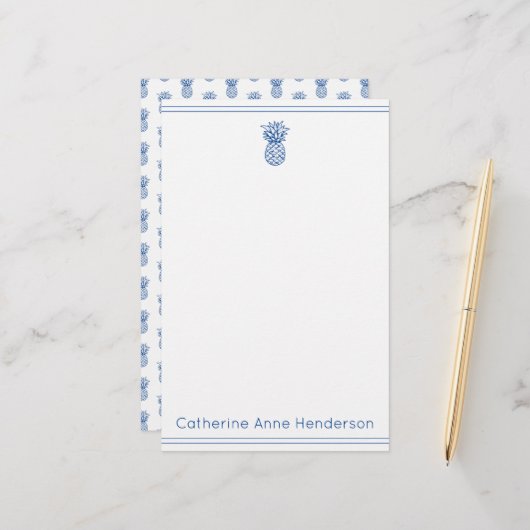 Preppy Tropical Navy Blue Ananas gepersonaliseerd Briefpapier (Voorkant / Achterkant in situ)
