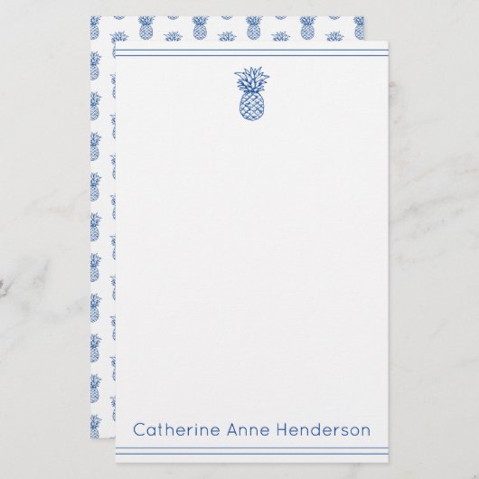 Preppy Tropical Navy Blue Ananas gepersonaliseerd Briefpapier (Voorkant / Achterkant)