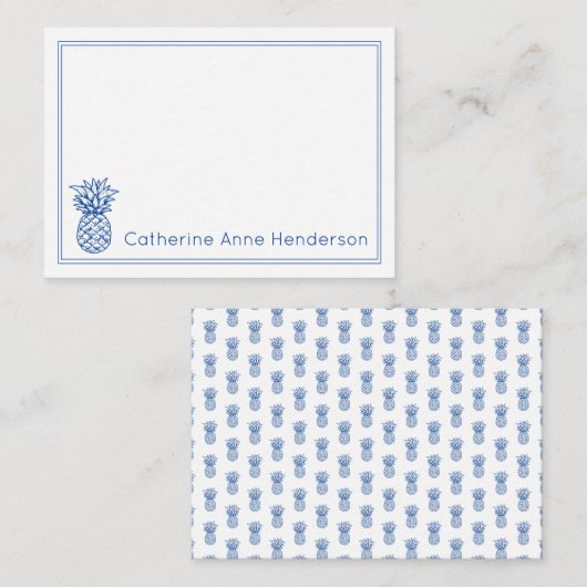 Preppy Tropical Navy Blue Ananas gepersonaliseerd Notitiekaartje (Voorkant / Achterkant)